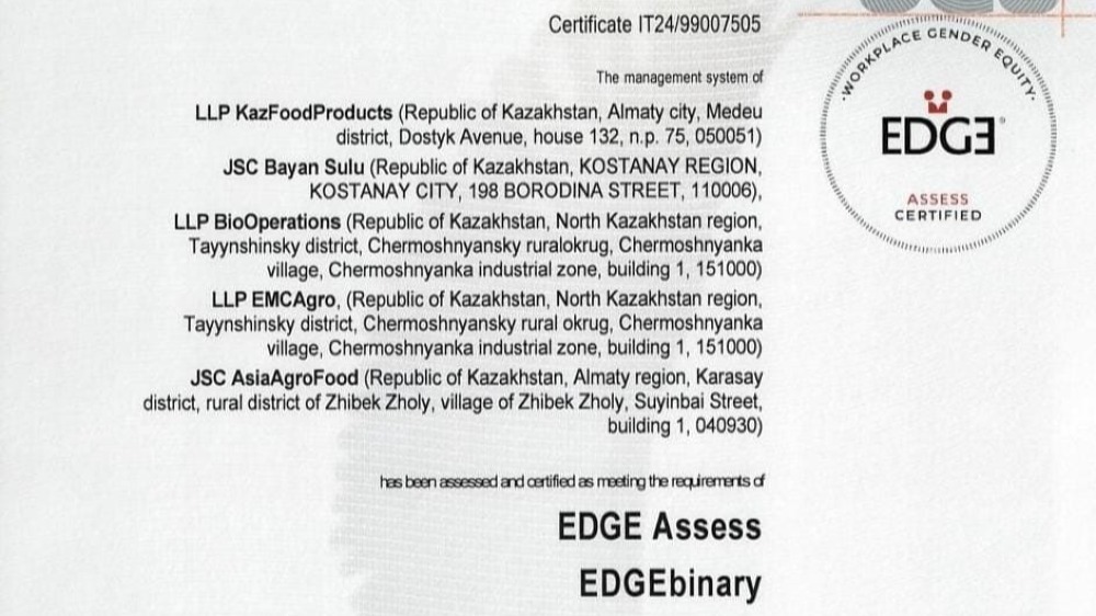  Международный сертификат за гендерное равенство впервые присвоен казахстанской компании